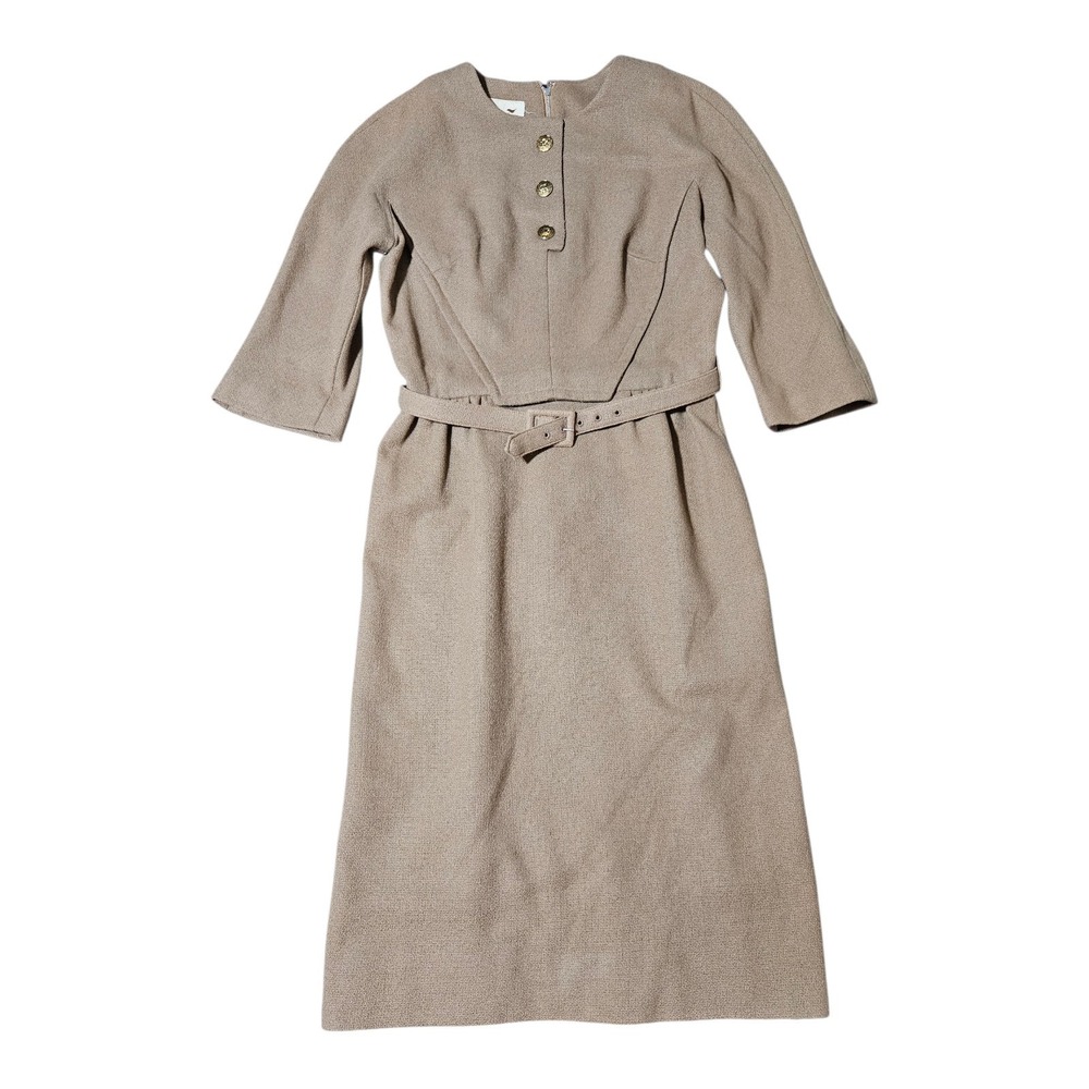 Vintage Leslie Fay Tan Tweed Midi Dress60s/70s Retro Belted Sheath Dress Small
